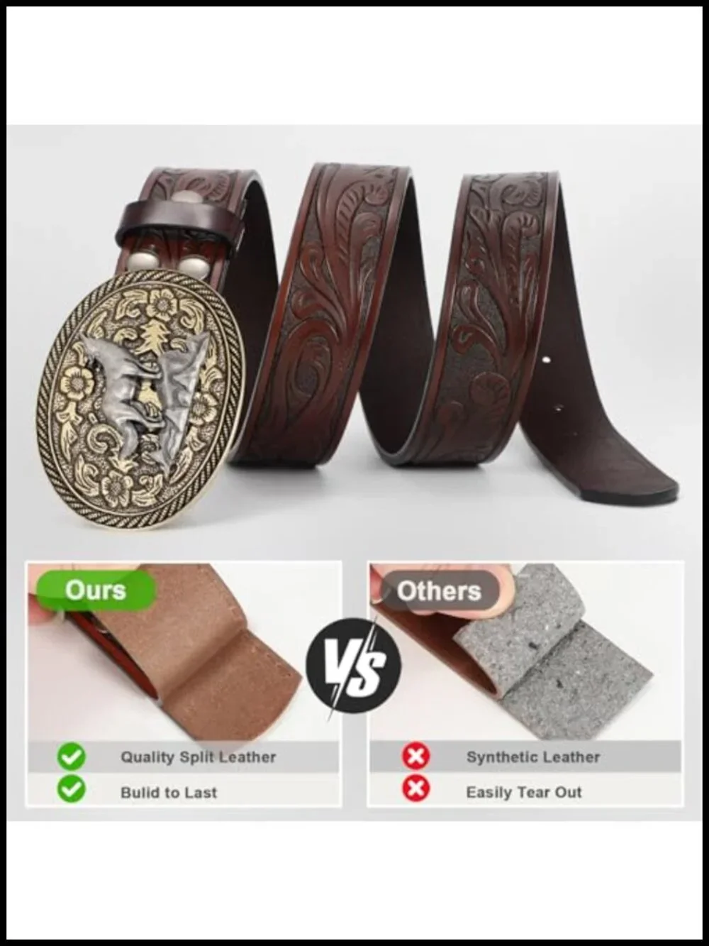 Western Cowboy Belt with Detachable Buckle - Genuine Leather